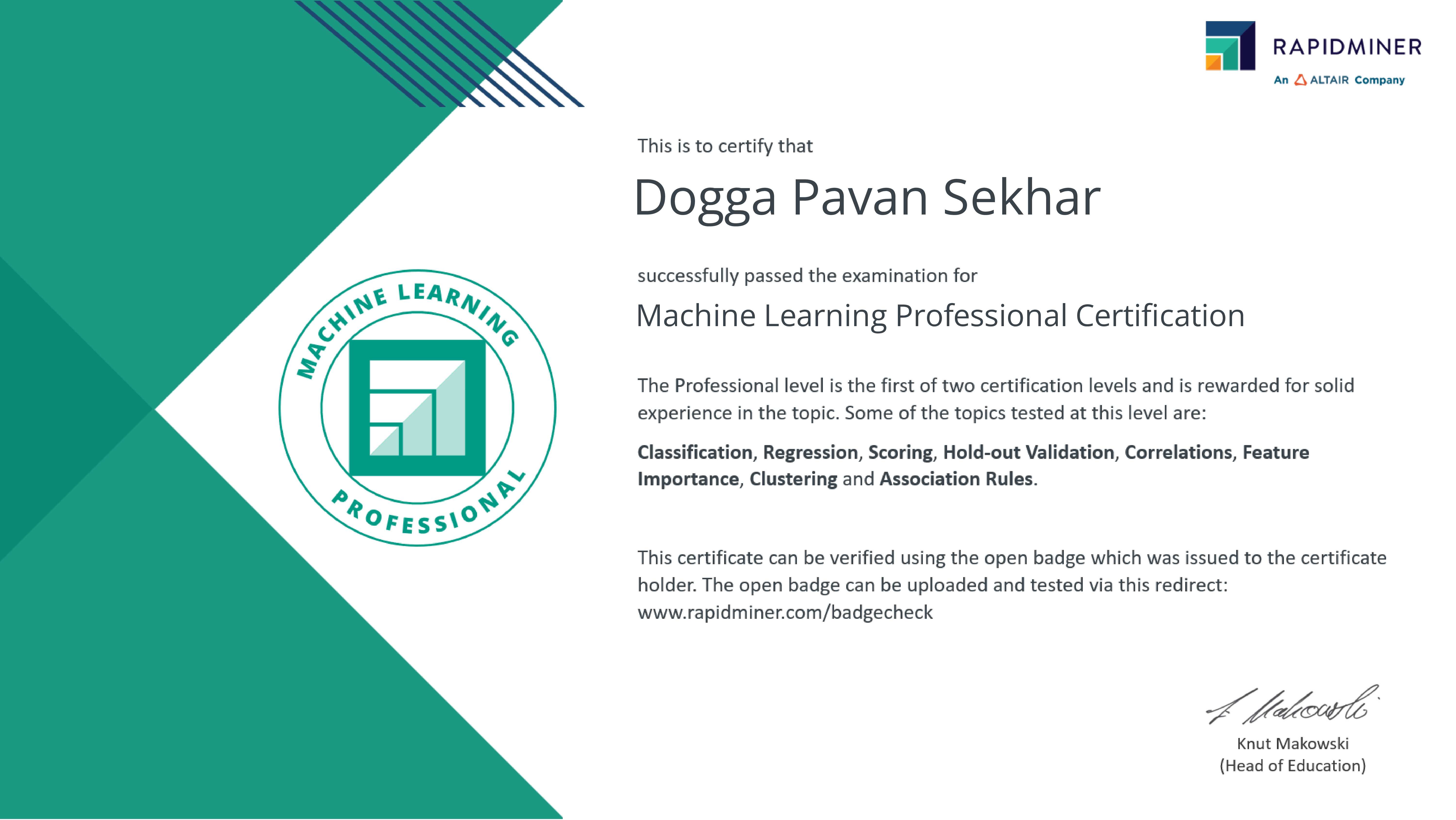Certifications | Dogga Pavan Sekhar